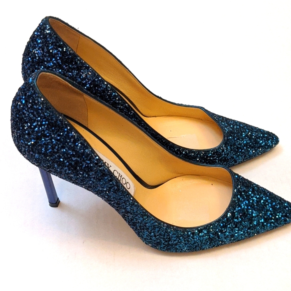Jimmy Choo Teal Glitter Pointed Toe Pumps - Picture 4 of 10